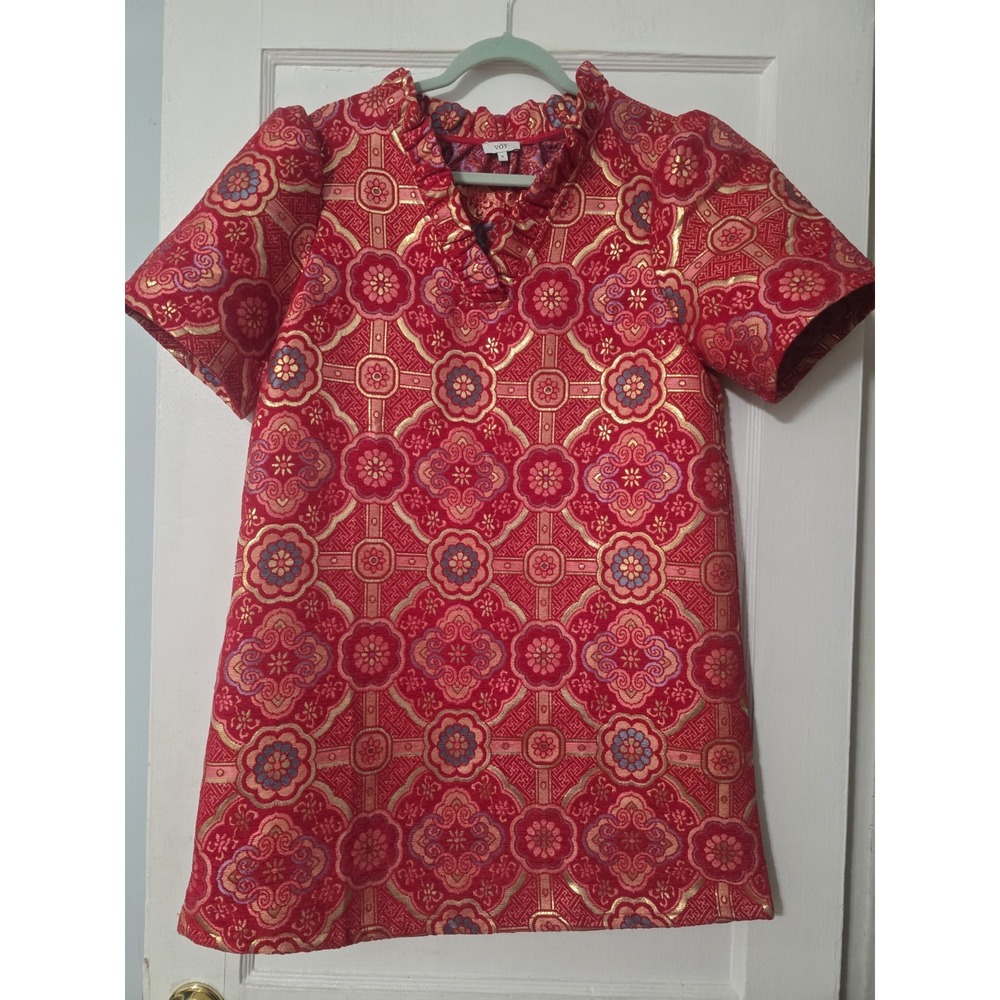 Voy Size Medium Boutique Red Metallic Jacquard Dress Chenille
